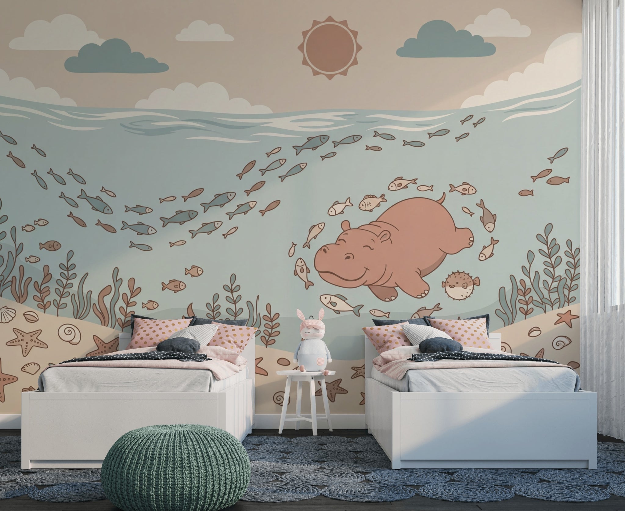 Underwater Wallpaper Ocean Removable Cartoon Hippo Wall Decor