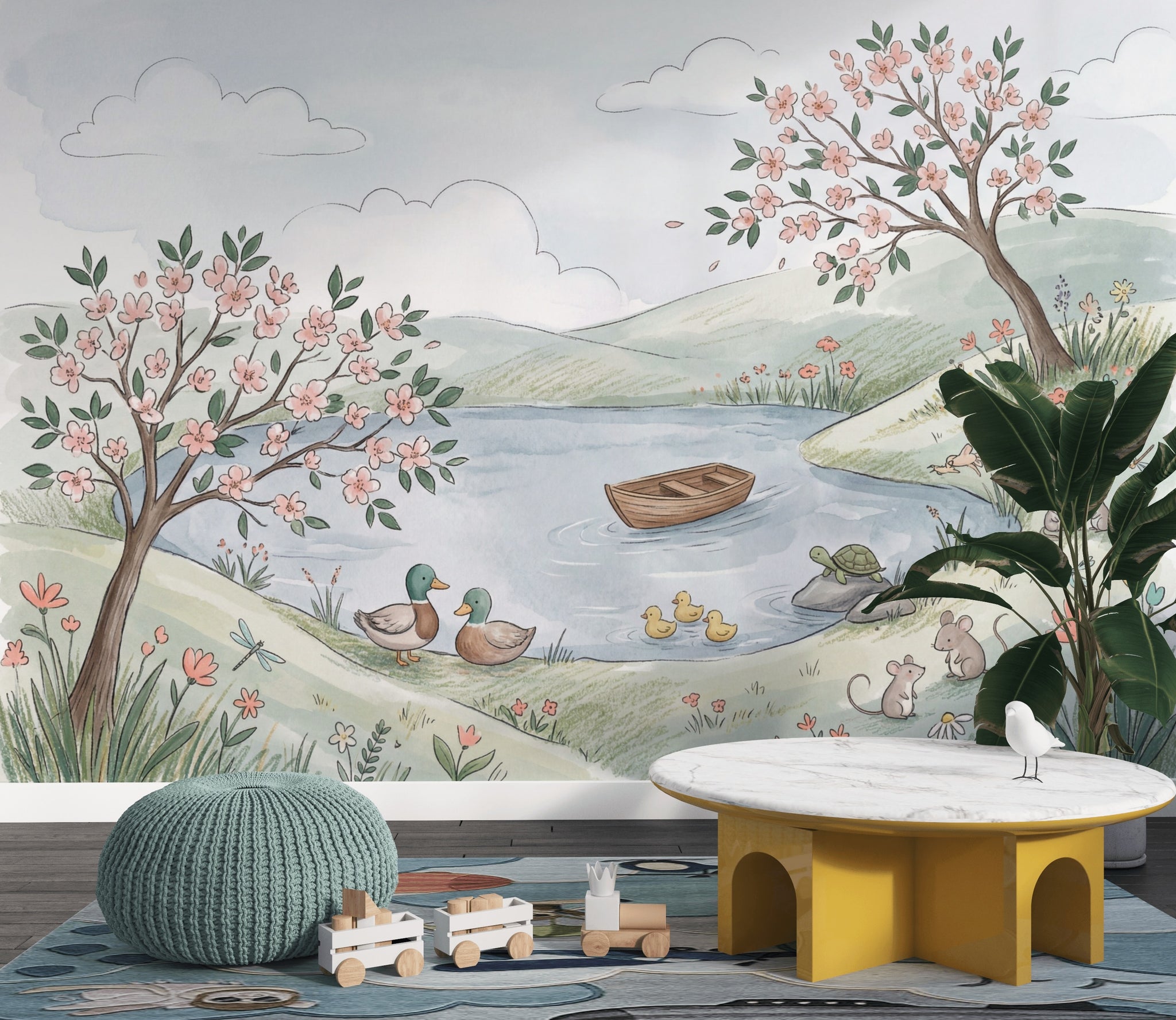 Spring Landscape Wallpaper Watercolor Whimsical Nursery Removable Wall Decor