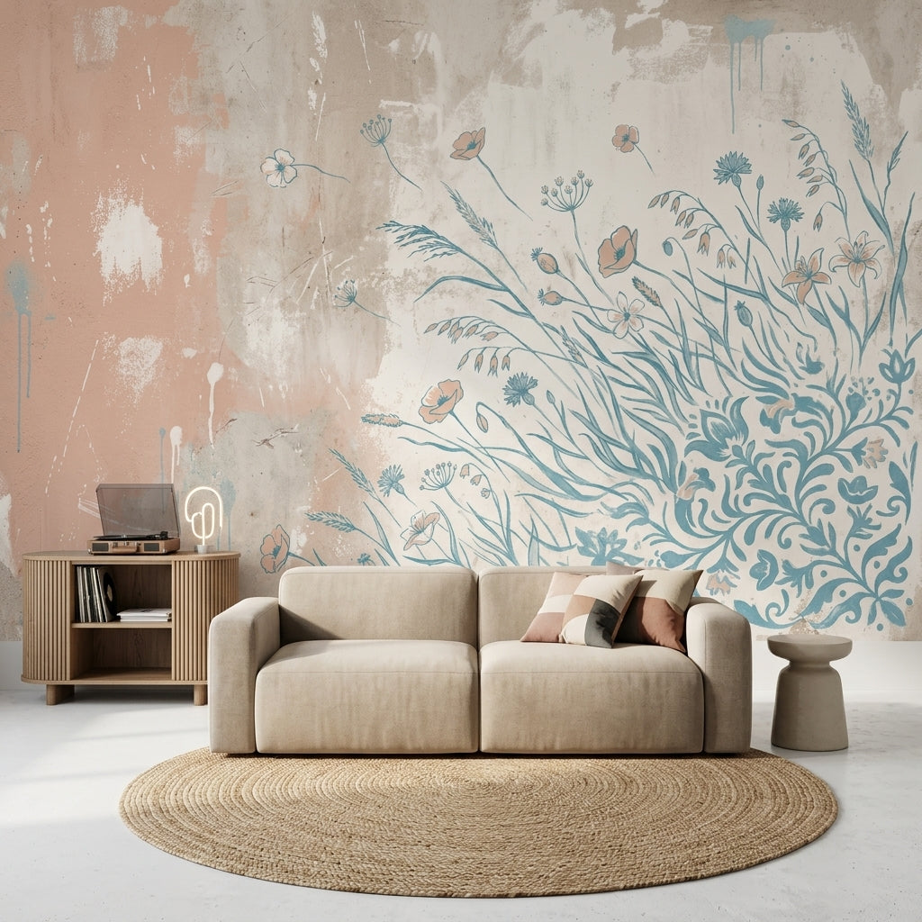 Wildflower Wallpaper Botanical Line Art Removable Distressed Plaster Wall Decor
