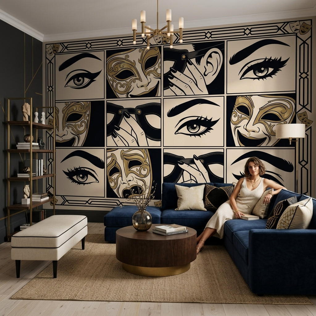 Masquerade Wallpaper Art Deco Theater Masks Removable Wall Decor