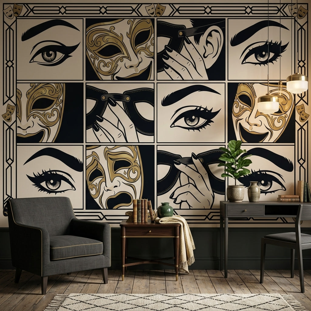 Masquerade Wallpaper Art Deco Theater Masks Removable Wall Decor