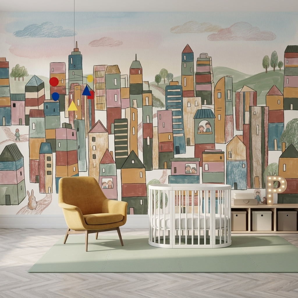 Whimsical Cityscape Wallpaper Hand Drawn Buildings Storybook Illustration Wall Mural