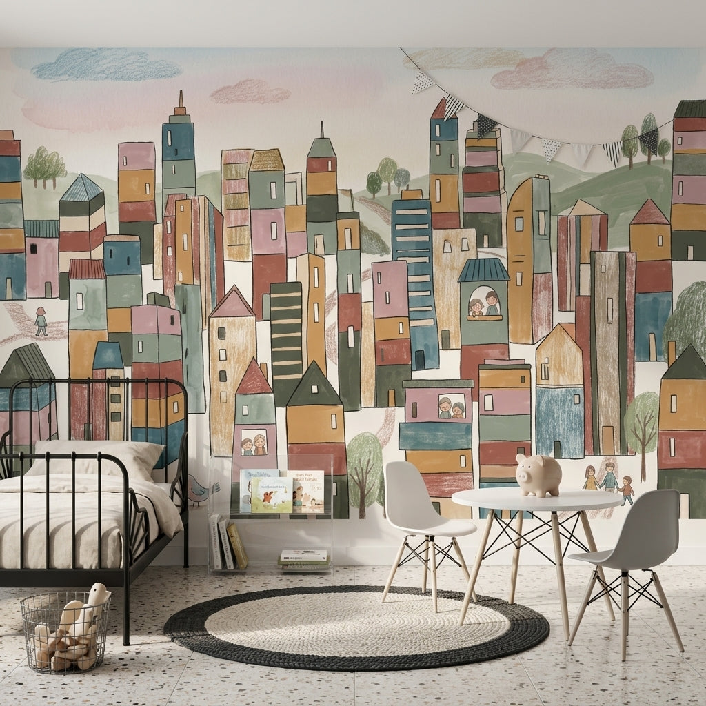 Whimsical Cityscape Wallpaper Hand Drawn Buildings Storybook Illustration Wall Mural