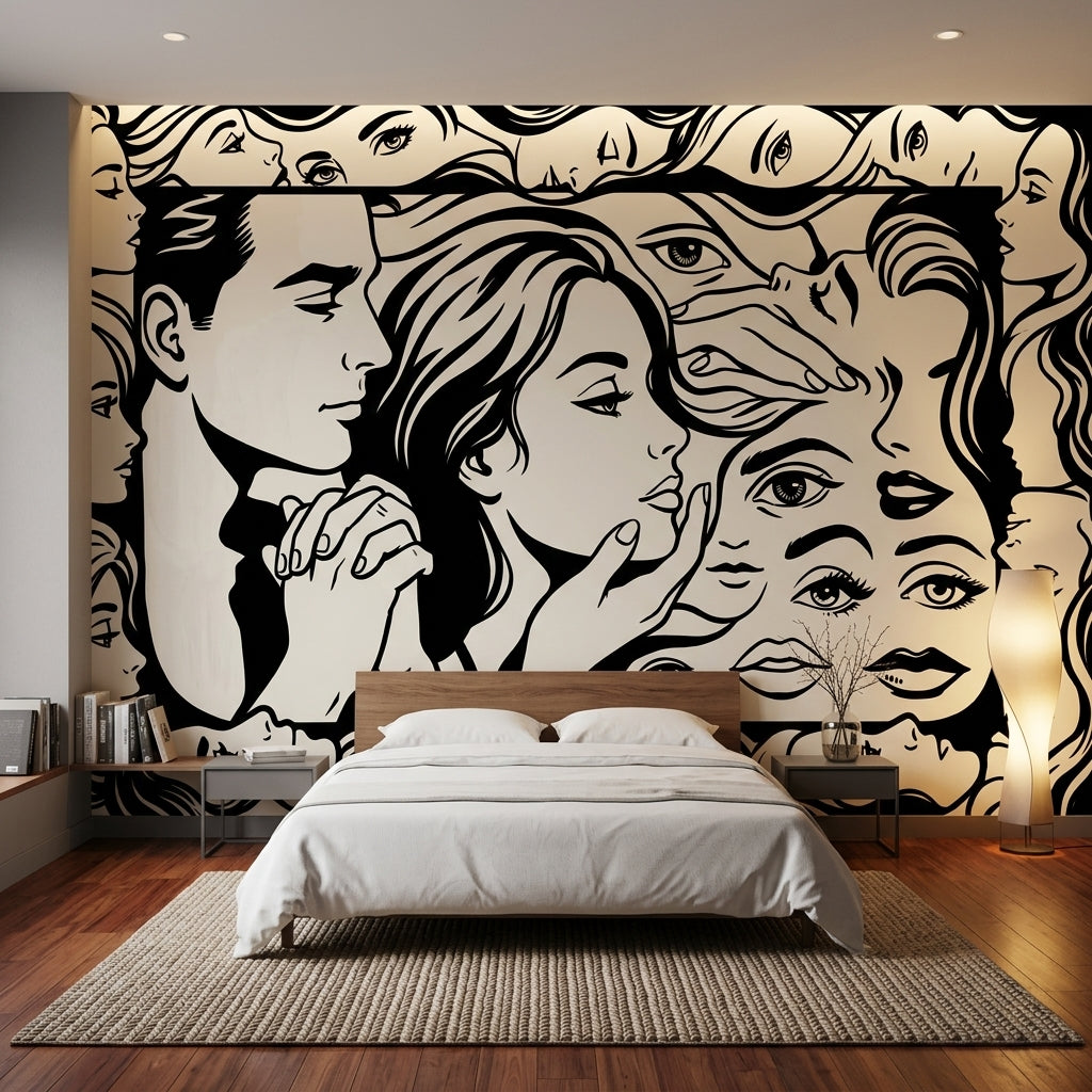 Abstract Faces Wallpaper Portrait Collage Removable Graphic Line Art Wall Decor