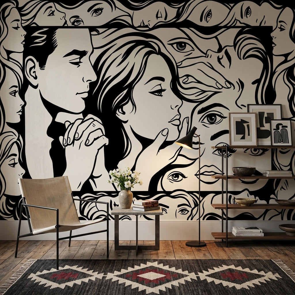 Abstract Faces Wallpaper Portrait Collage Removable Graphic Line Art Wall Decor
