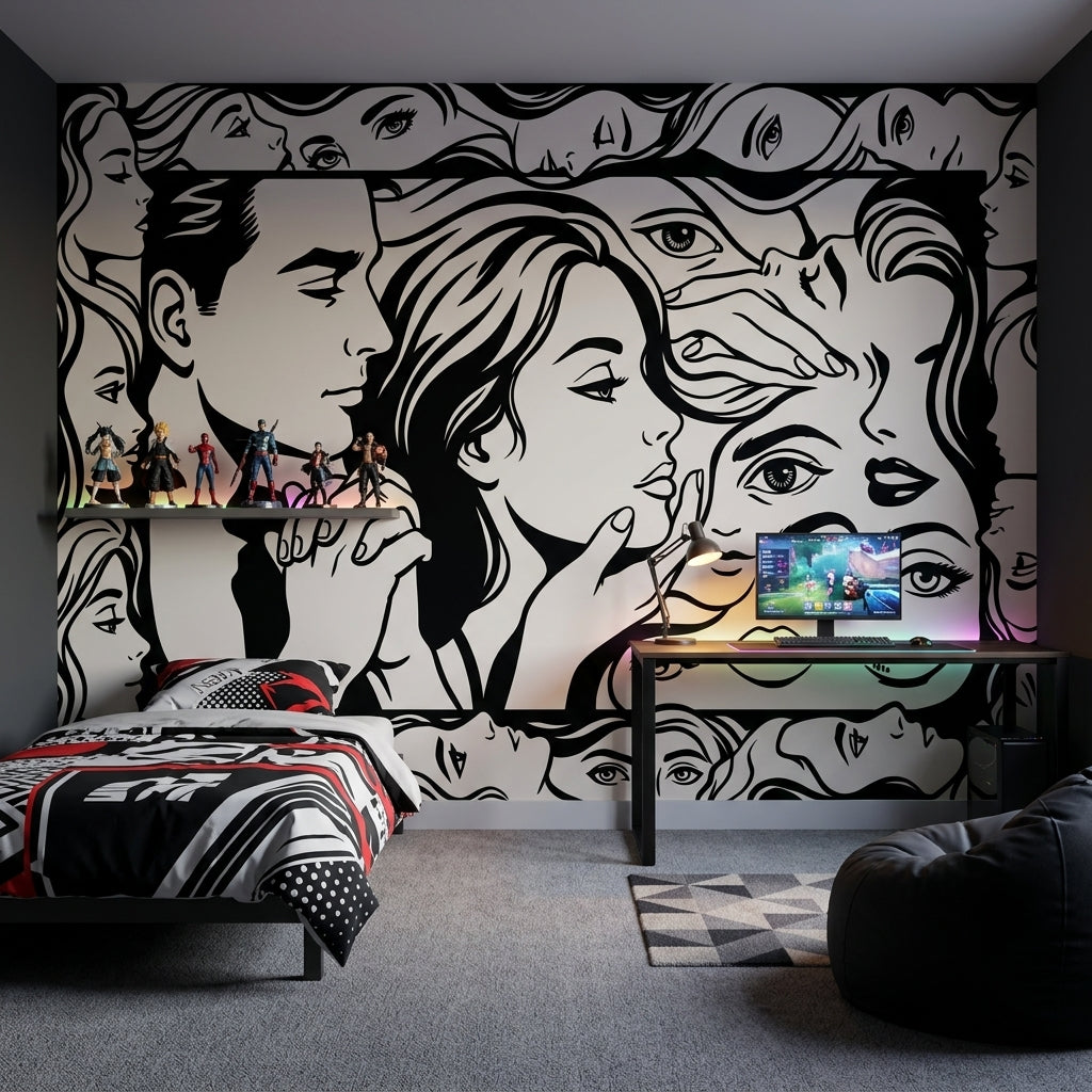 Abstract Faces Wallpaper Portrait Collage Removable Graphic Line Art Wall Decor