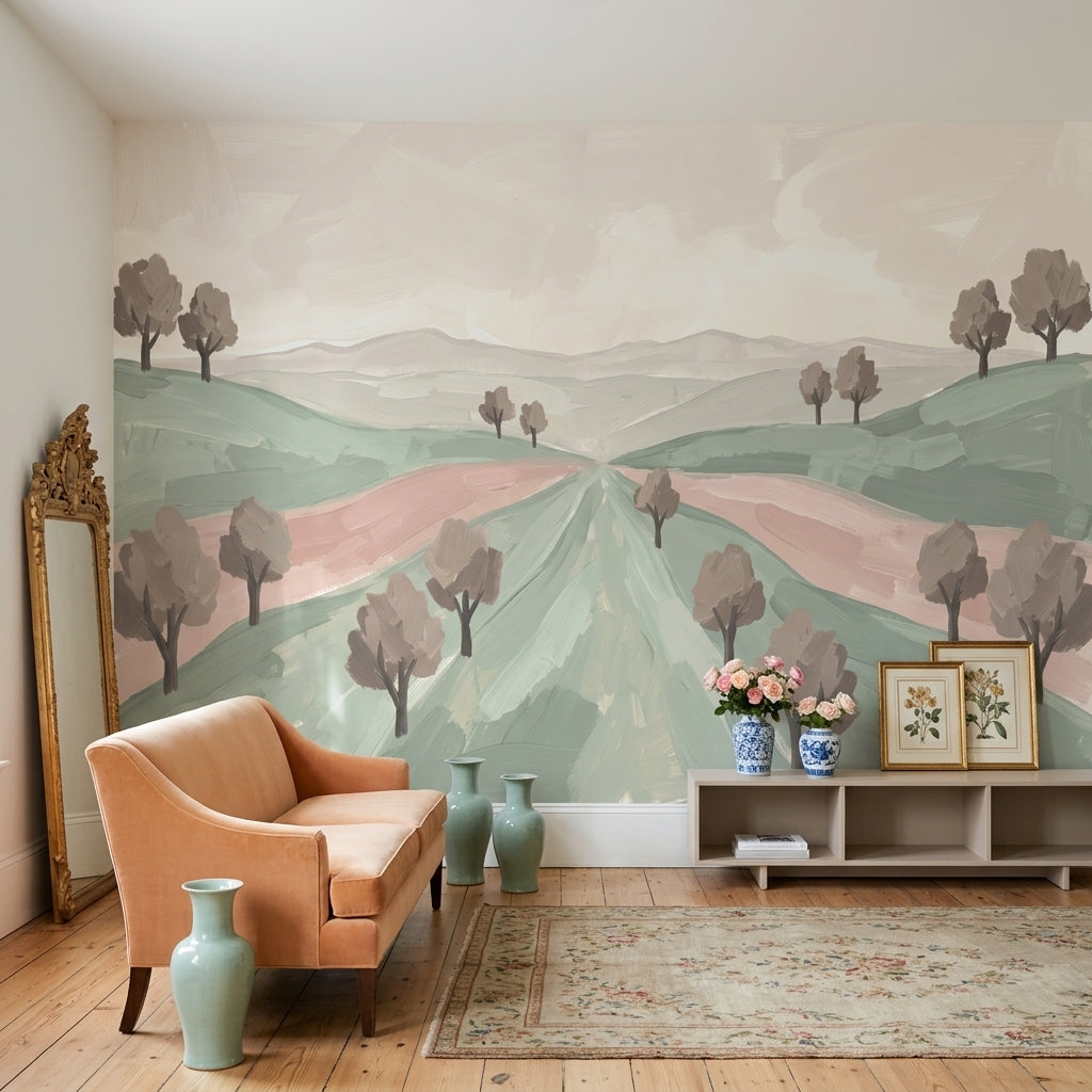 Pastel Landscape Wallpaper Rolling Hills Removable Painterly Brushstrokes Wall Decor