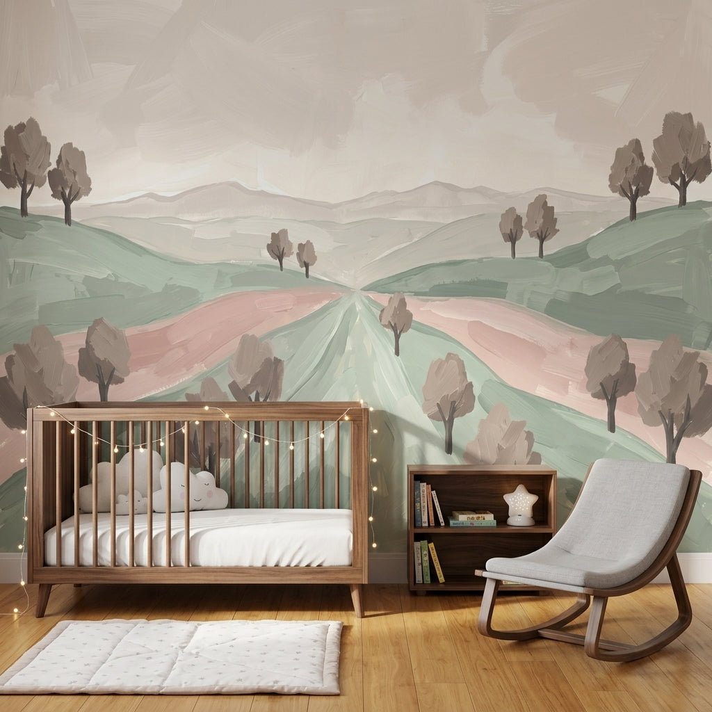 Pastel Landscape Wallpaper Rolling Hills Removable Painterly Brushstrokes Wall Decor