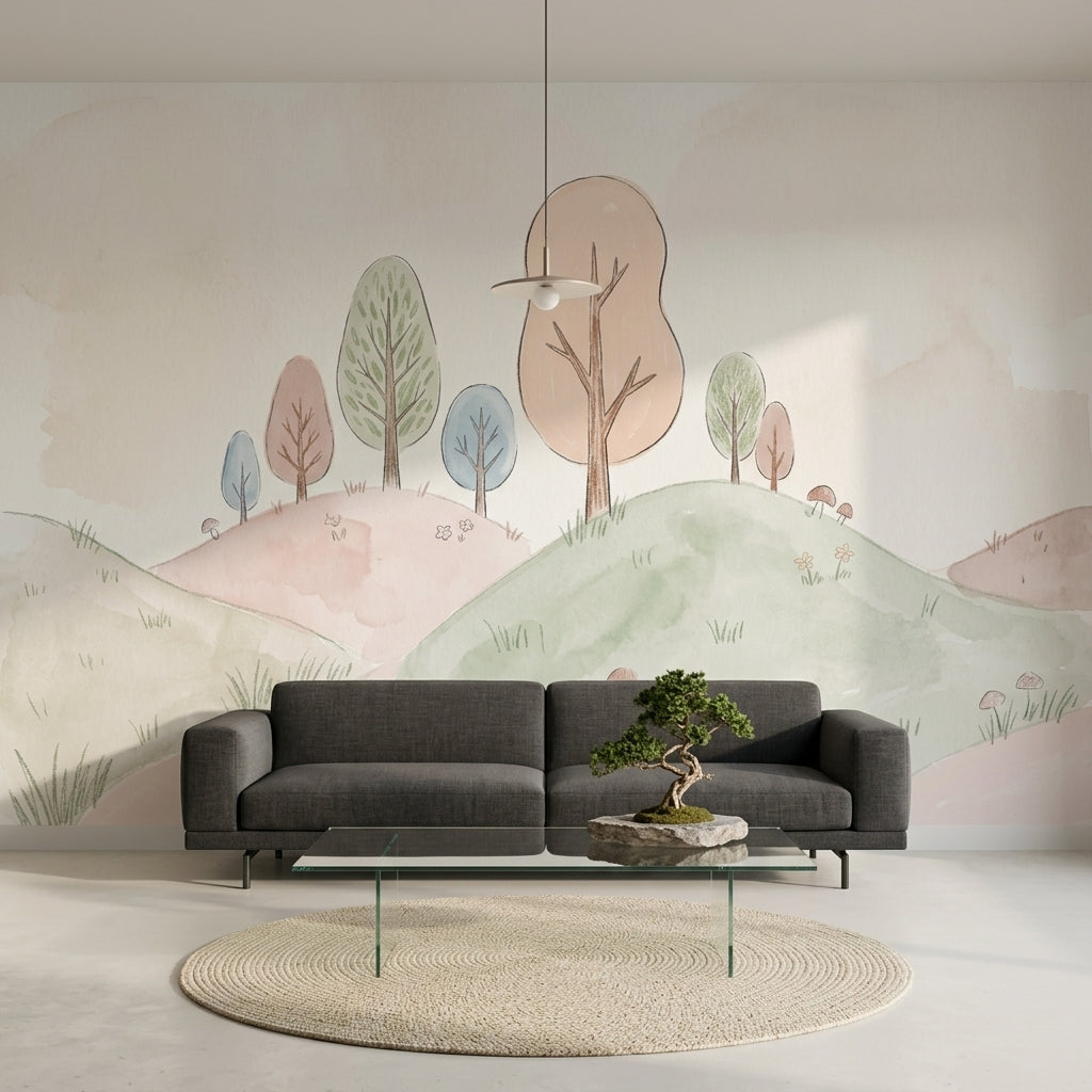 Pastel Landscape Wallpaper Watercolor Hills Whimsical Nature Wall Mural