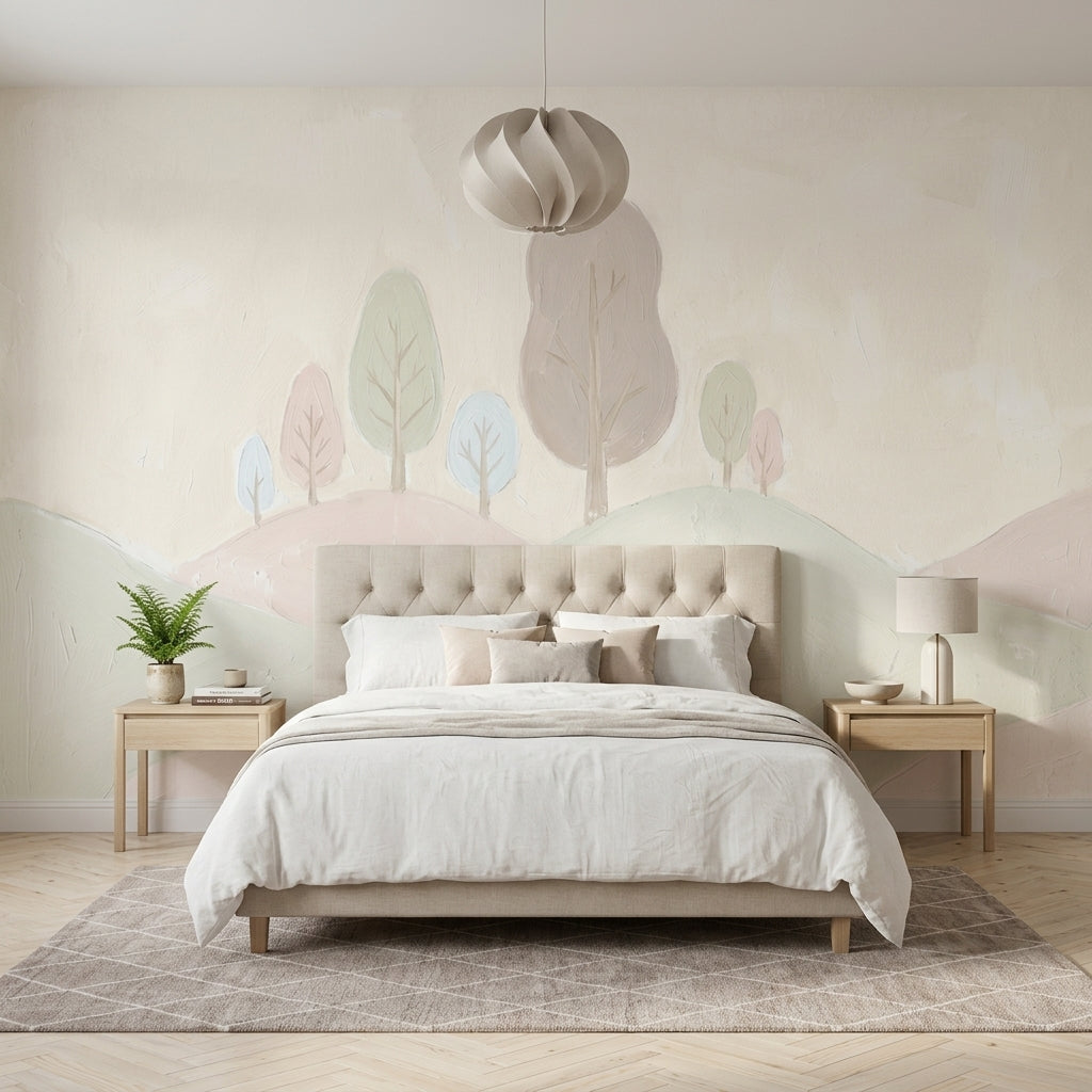 Pastel Landscape Wallpaper Rolling Hills Removable Stylized Trees Wall Decor