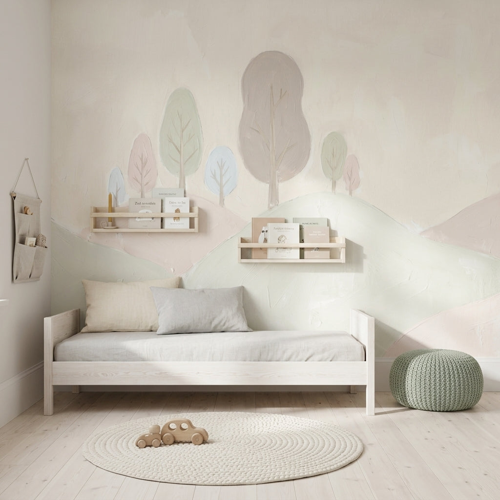 Pastel Landscape Wallpaper Rolling Hills Removable Stylized Trees Wall Decor