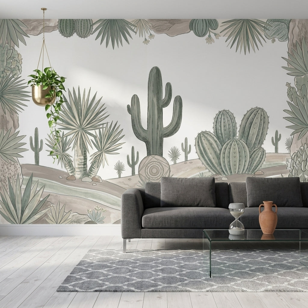 Desert Landscape Wallpaper Cactus Watercolor Illustration Wall Mural