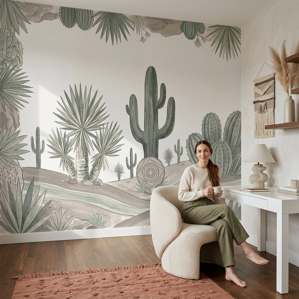 Desert Landscape Wallpaper Cactus Watercolor Illustration Wall Mural