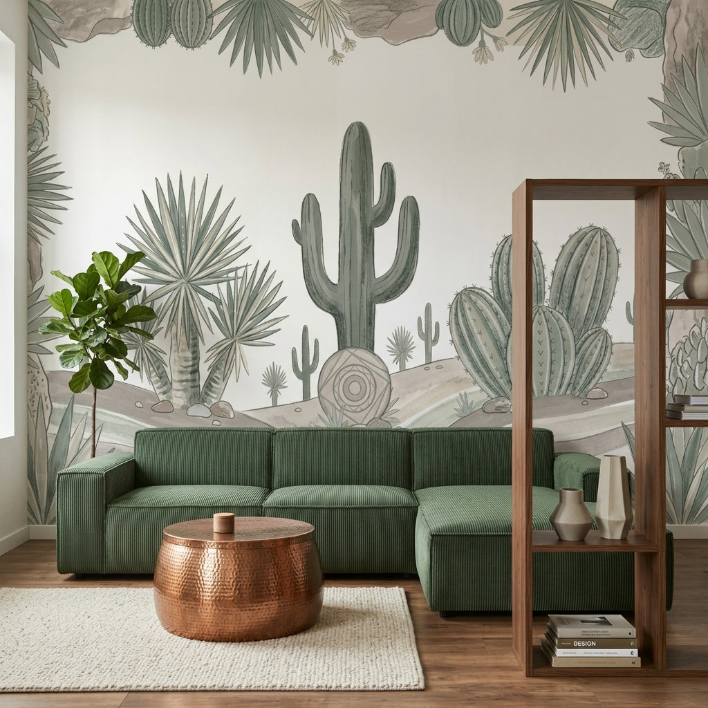 Desert Landscape Wallpaper Cactus Watercolor Illustration Wall Mural