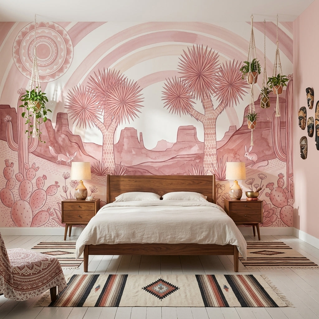 Pink Desert Landscape Wallpaper Joshua Trees Removable Cacti And Succulents Wall Decor
