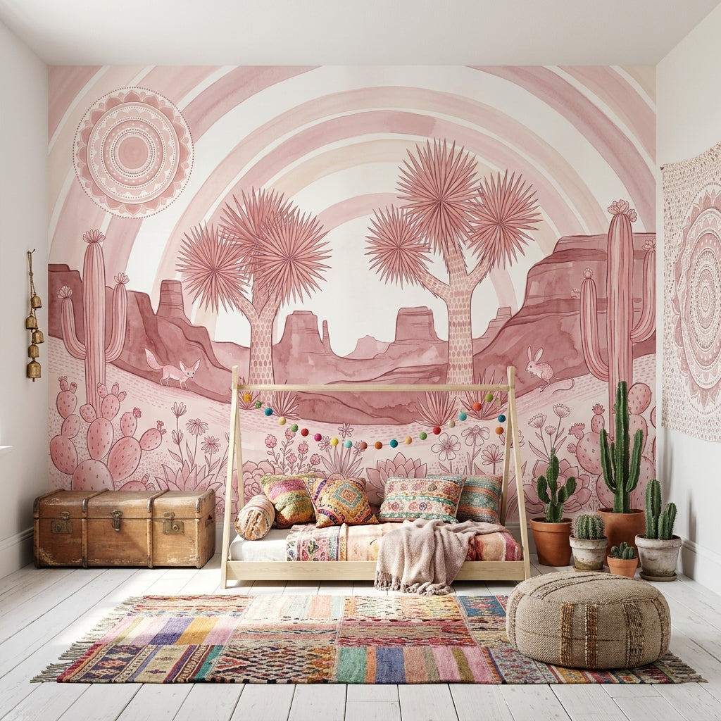 Pink Desert Landscape Wallpaper Joshua Trees Removable Cacti And Succulents Wall Decor