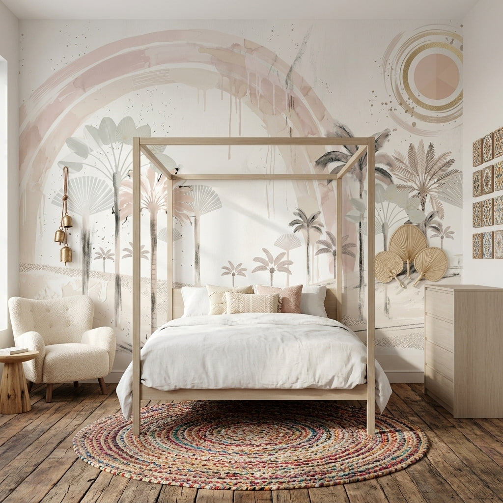 Blush Rainbow Arch Wallpaper Desert Dunes Removable Palm Trees Wall Decor