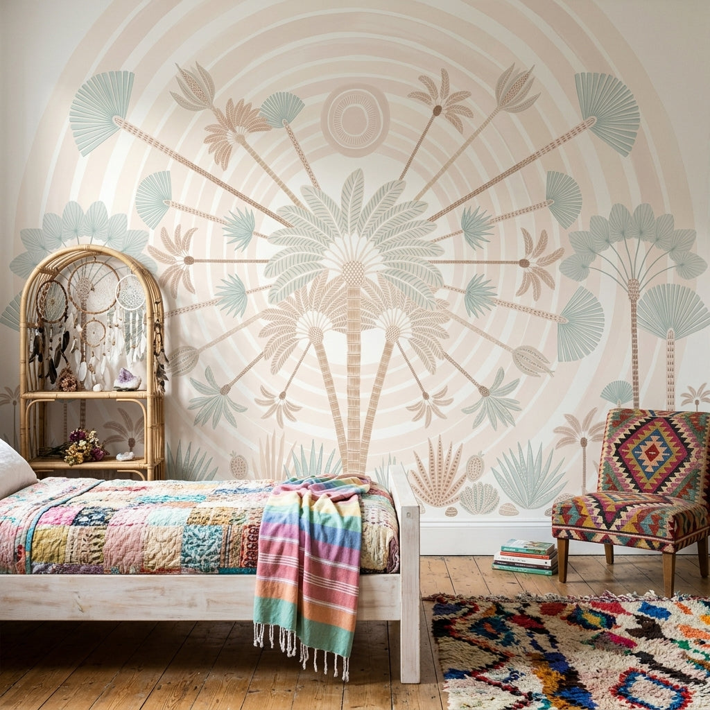 Tropical Palms Wallpaper Sunburst Rays Pastel Removable Wall Decor