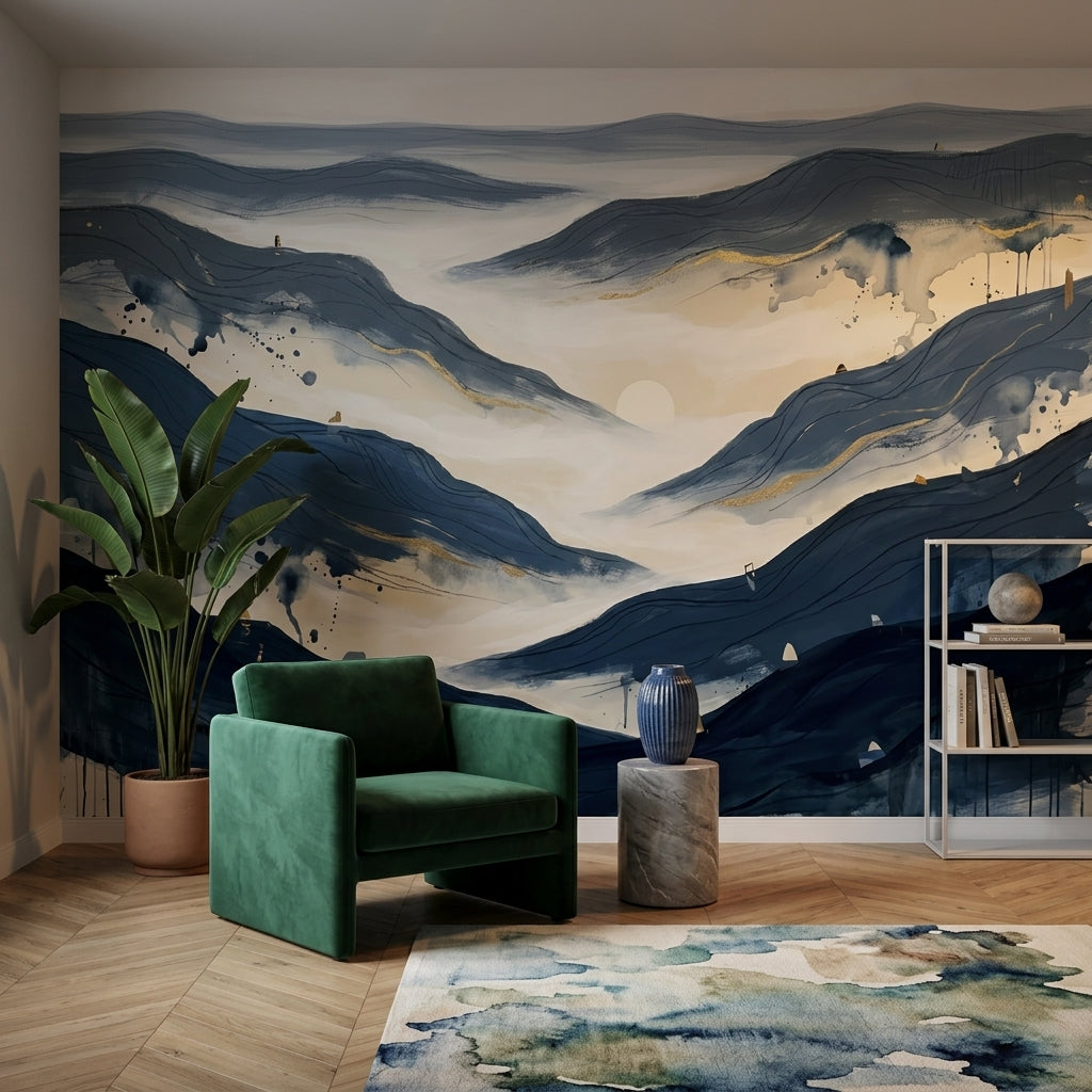 Abstract Landscape Wallpaper Blue Mountains Misty Valley Wall Mural