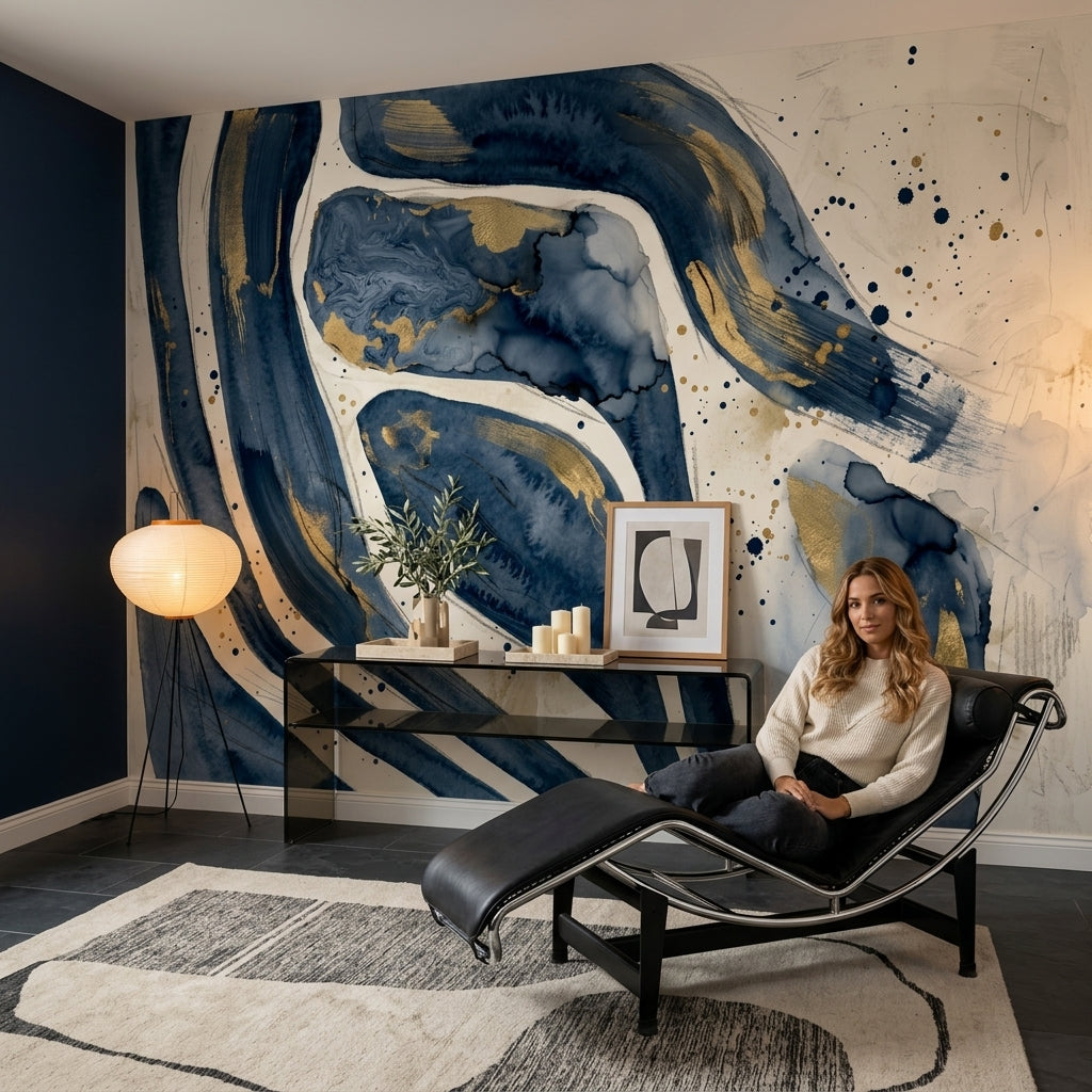 Abstract Wallpaper Navy Blue Gold Metallic Accents Wall Mural