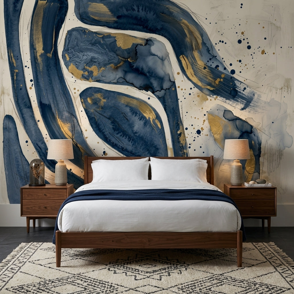 Abstract Wallpaper Navy Blue Gold Metallic Accents Wall Mural
