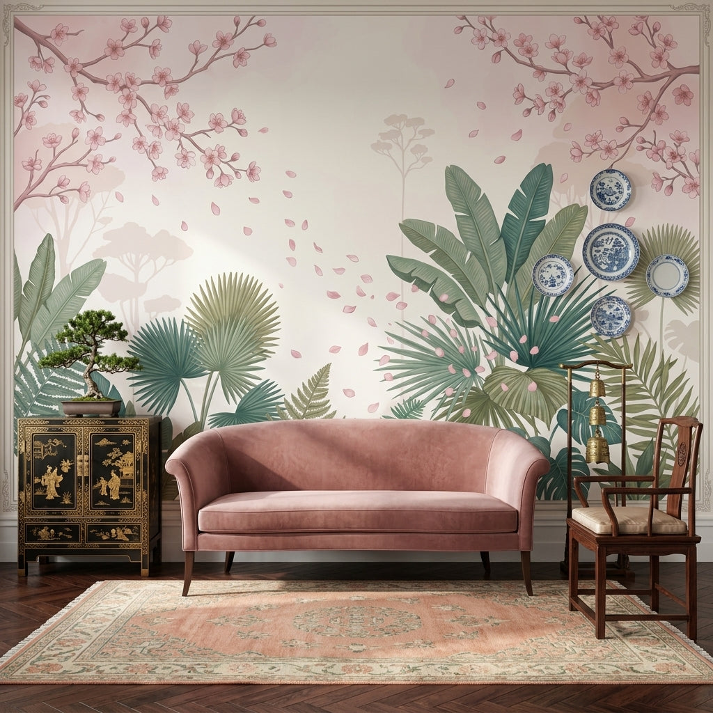 Cherry Blossoms Wallpaper Pink Petals Removable Tropical Leaves Wall Decor