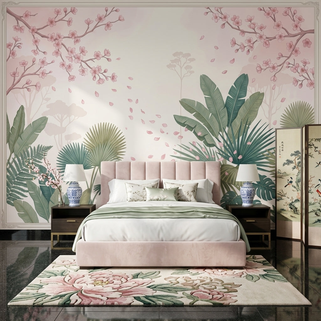 Cherry Blossoms Wallpaper Pink Petals Removable Tropical Leaves Wall Decor