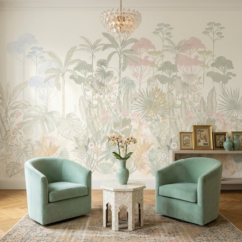 Tropical Botanical Wallpaper Pastel Jungle Removable Watercolor Mural Wall Decor