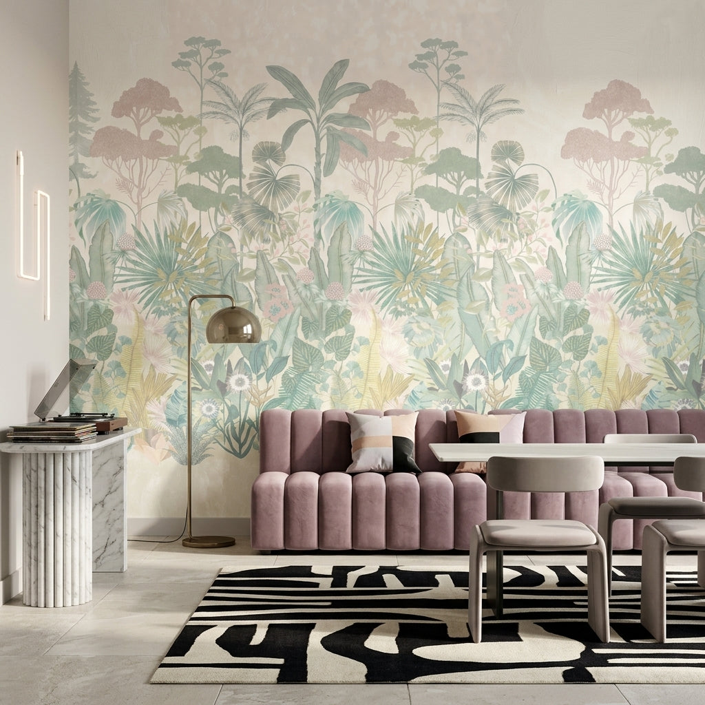 Tropical Botanical Wallpaper Pastel Jungle Layered Landscape Removable Wall Decor