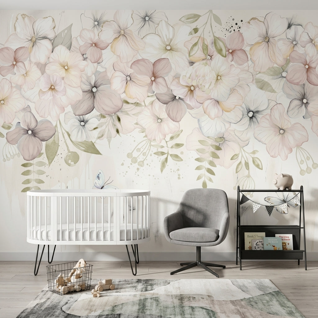 Watercolor Floral Wallpaper Pastel Blossoms Cream Background Wall Mural