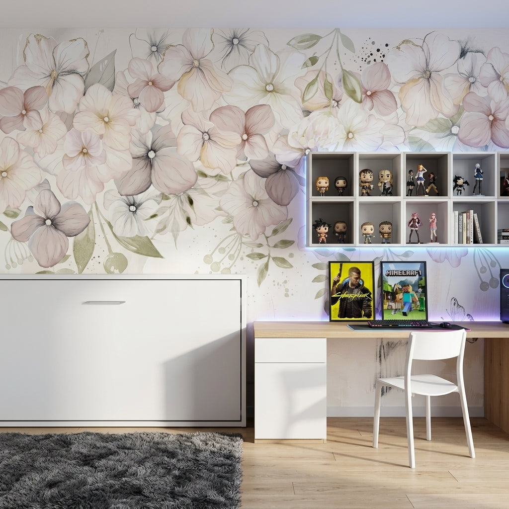 Watercolor Floral Wallpaper Pastel Blossoms Cream Background Wall Mural