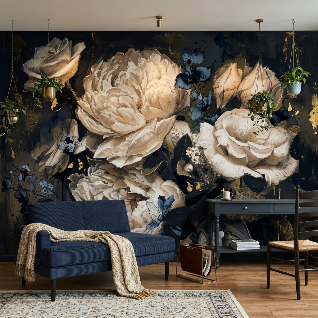 Dark Floral Wallpaper Moody Botanical Painterly Bloom Wall Mural