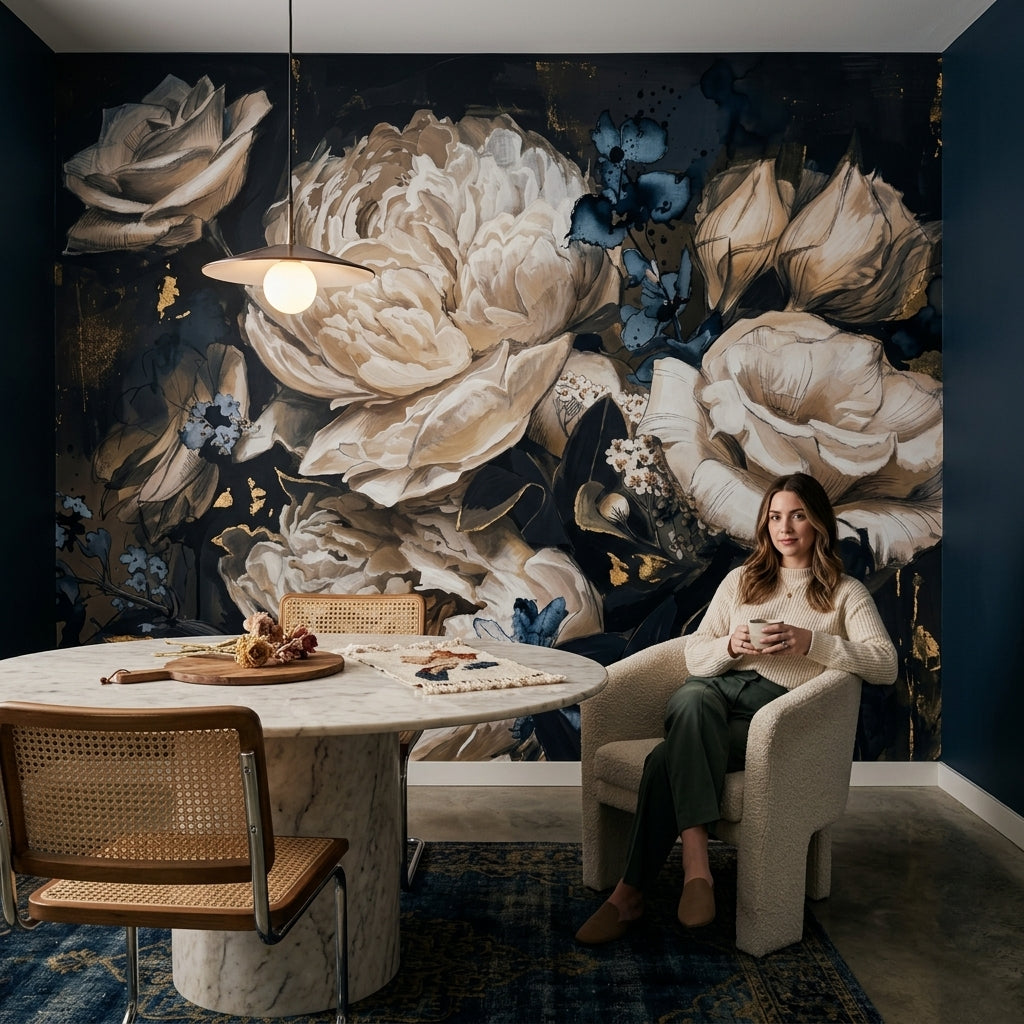 Dark Floral Wallpaper Moody Botanical Painterly Bloom Wall Mural