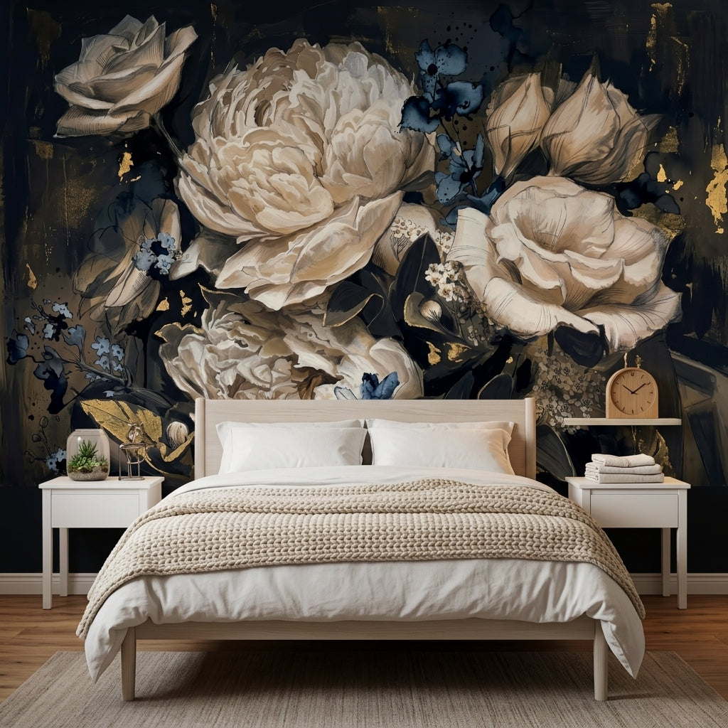 Dark Floral Wallpaper Moody Botanical Painterly Bloom Wall Mural