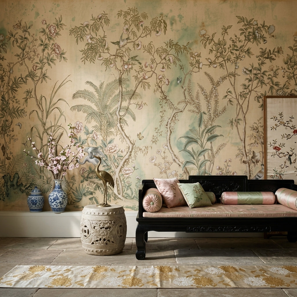 Muted Green Wallpaper Botanical Chinoiserie Removable Wall Decor