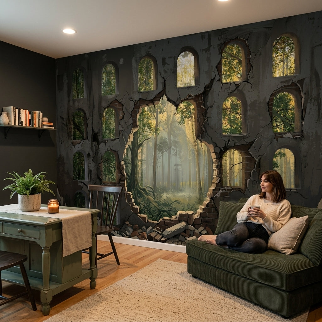 Ruined Wall Wallpaper Arched Windows Forest View Wall Mural
