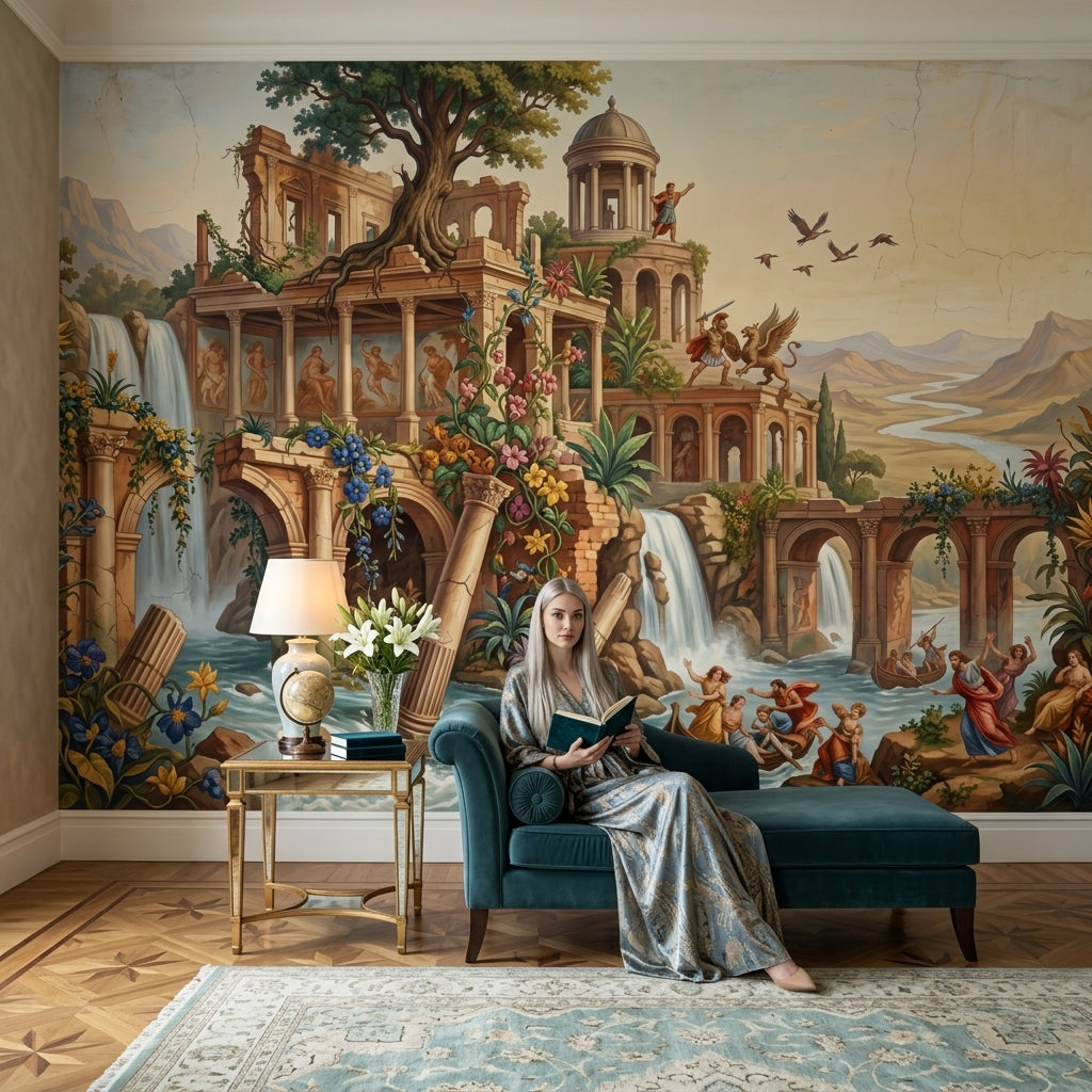 Classical Ruins Wallpaper Waterfalls Removable Mythology Wall Decor