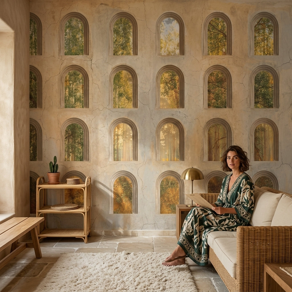 Arched Windows Wallpaper Trompe Loeil Aged Plaster Wall Mural