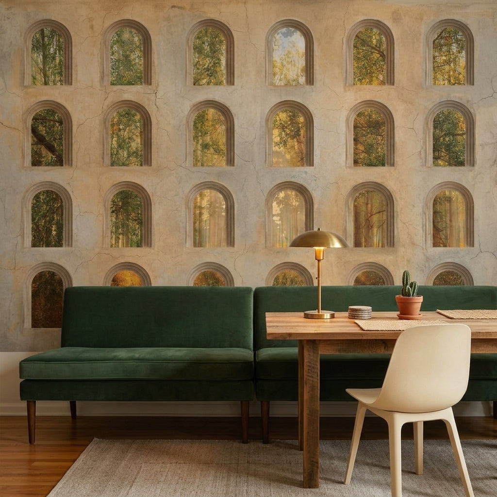 Arched Windows Wallpaper Trompe Loeil Aged Plaster Wall Mural
