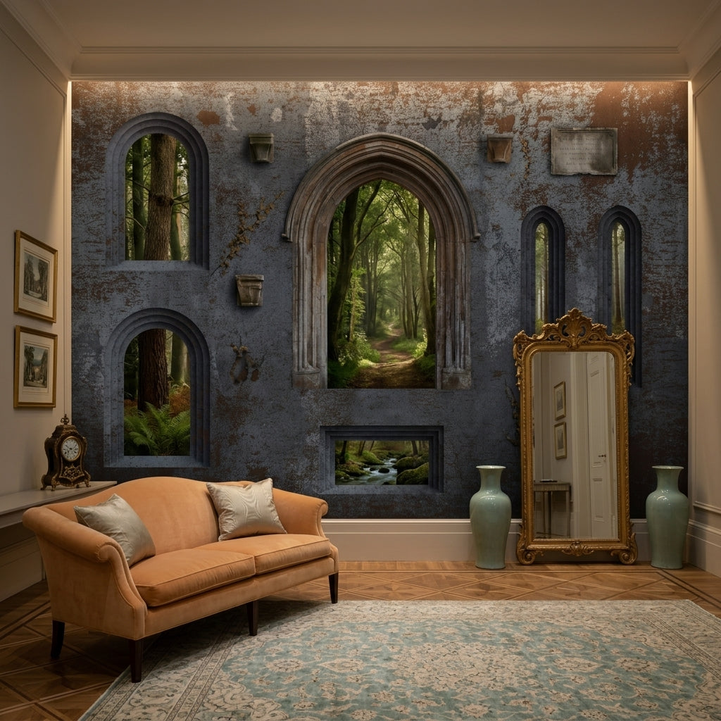 Stone Wall Wallpaper Gothic Arch Forest Removable Wall Decor