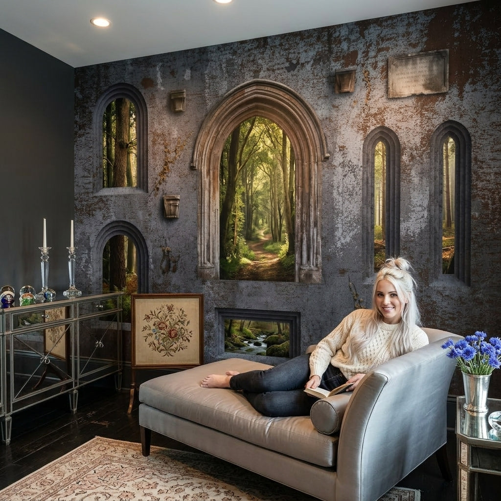 Stone Wall Wallpaper Gothic Arch Forest Removable Wall Decor
