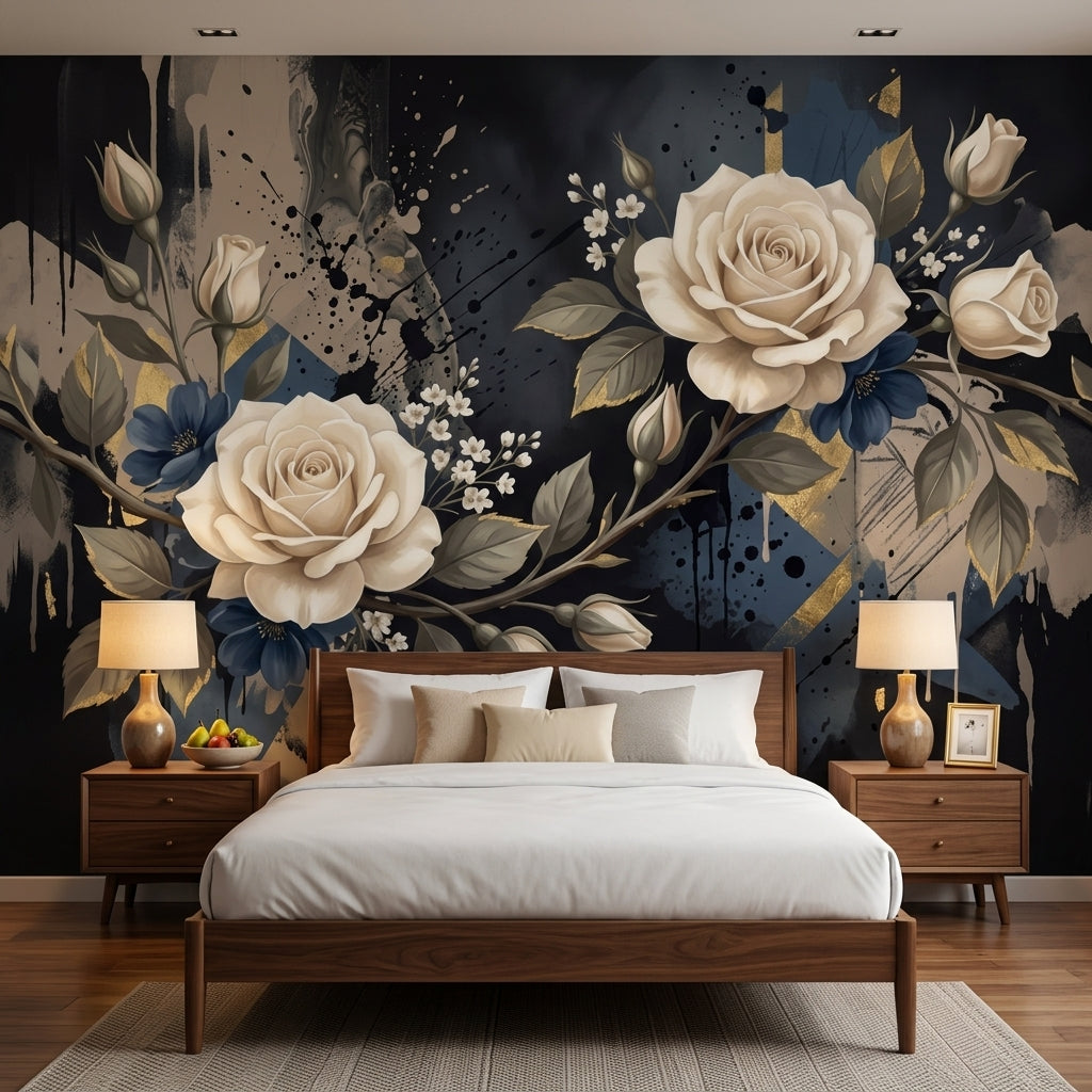 Ivory Roses Wallpaper Abstract Ink Splatter Gold Accents Wall Mural