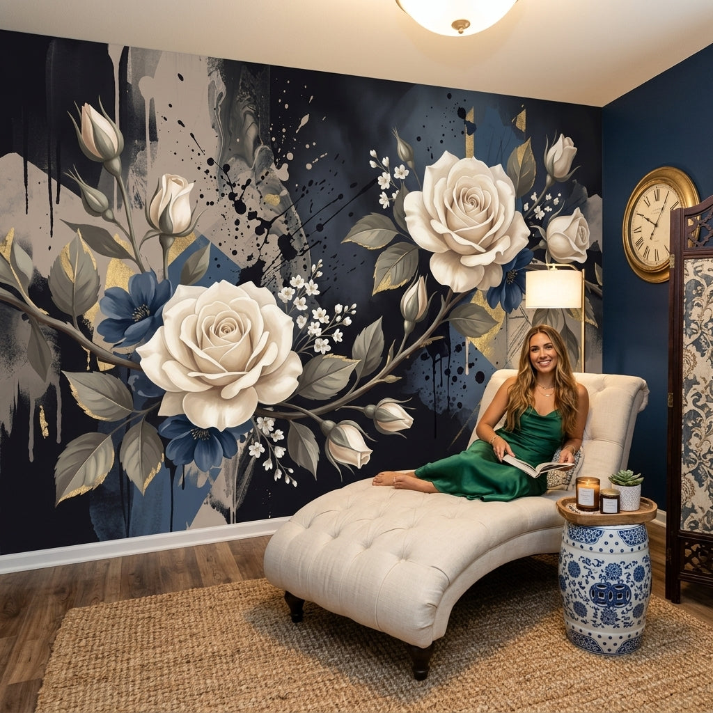 Ivory Roses Wallpaper Abstract Ink Splatter Gold Accents Wall Mural