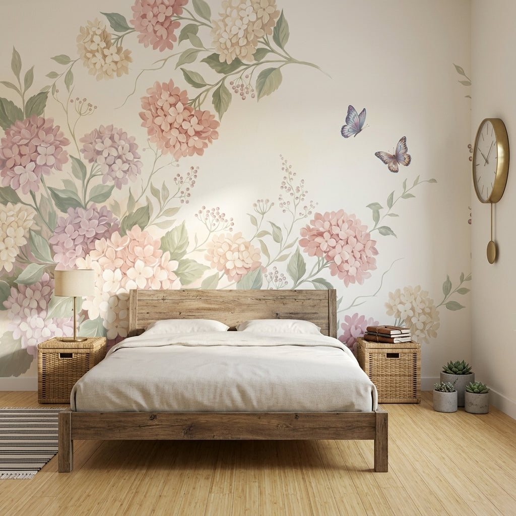 Hydrangea Blossoms Wallpaper Pastel Botanical Vines Wall Mural