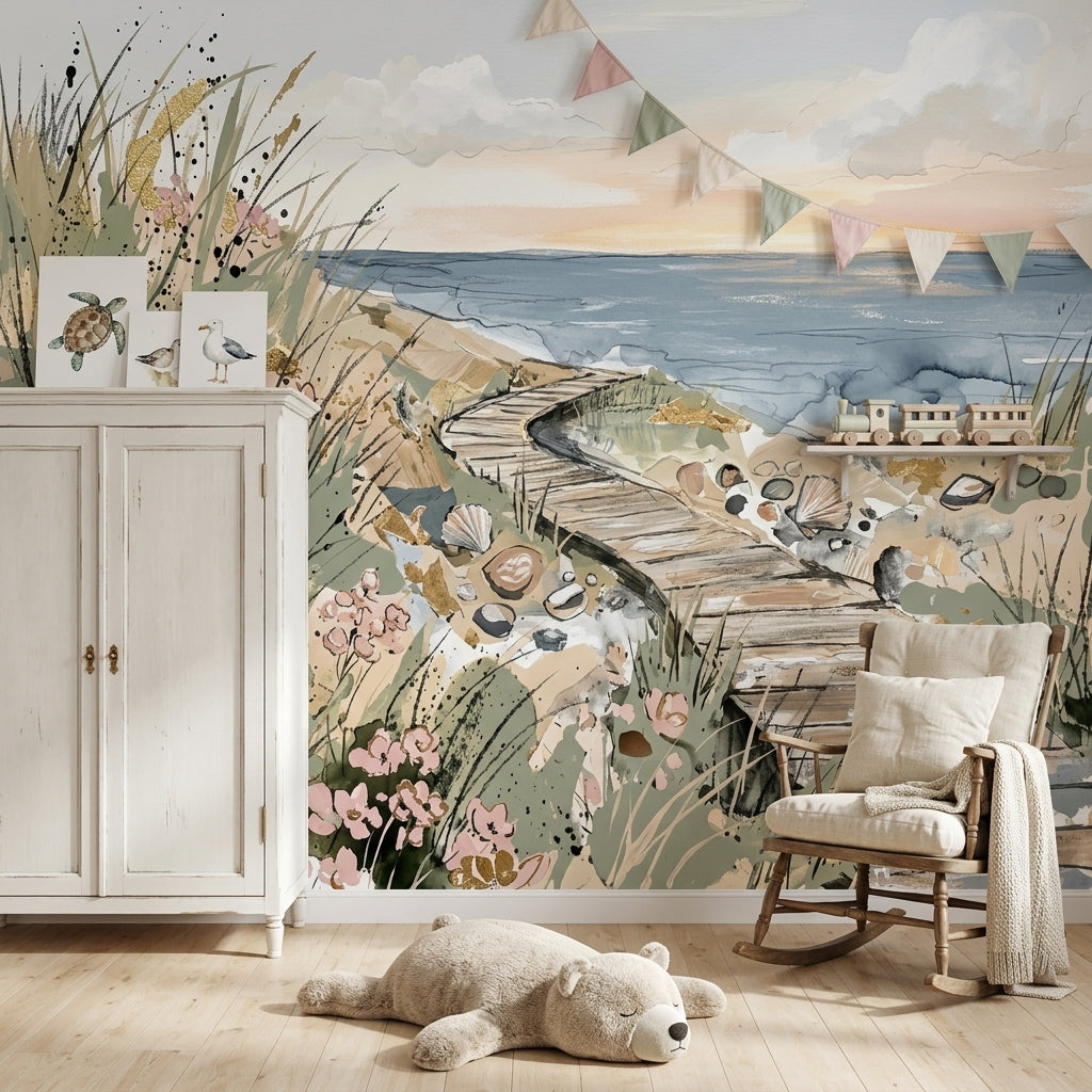 Coastal Landscape Wallpaper Ocean Shoreline Removable Wooden Boardwalk Wall Decor