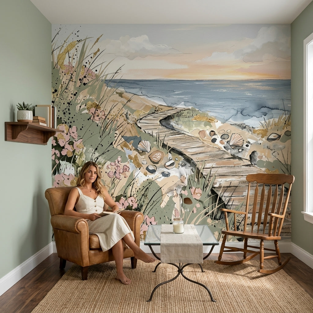 Coastal Landscape Wallpaper Ocean Shoreline Removable Wooden Boardwalk Wall Decor