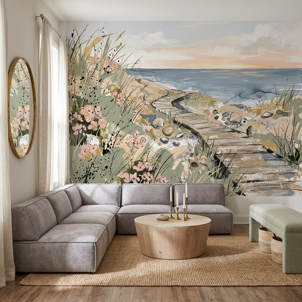 Coastal Landscape Wallpaper Ocean Shoreline Removable Wooden Boardwalk Wall Decor