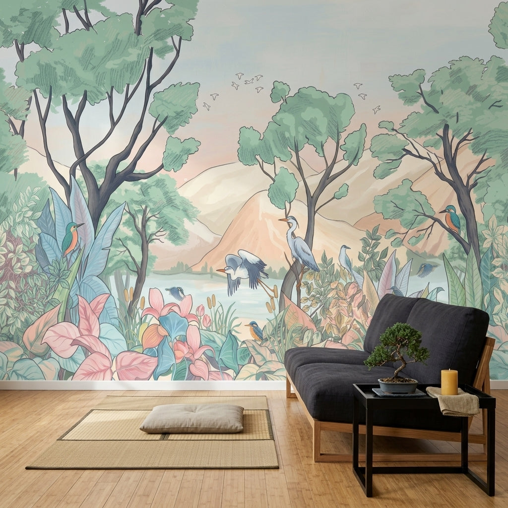 Pastel Landscape Wallpaper Lakeside Forest Birds Removable Wall Decor