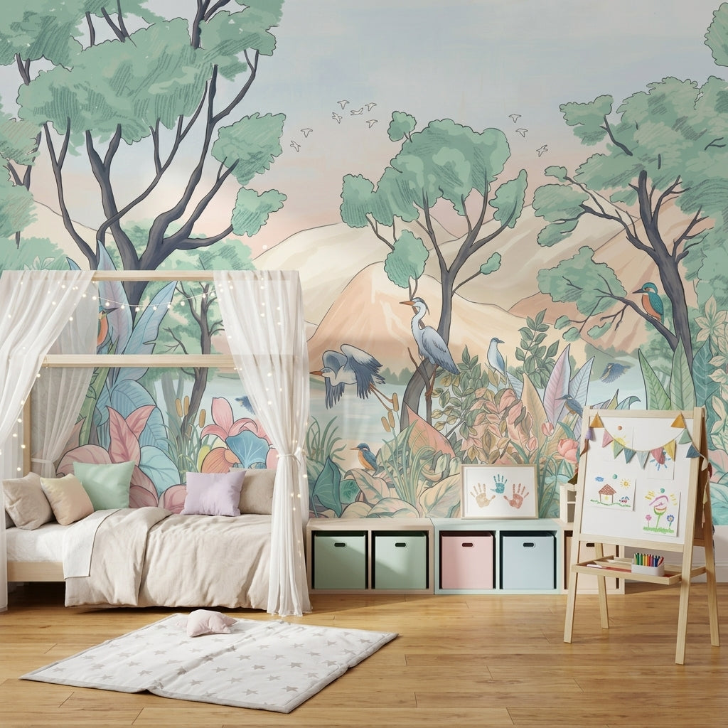 Pastel Landscape Wallpaper Lakeside Forest Birds Removable Wall Decor