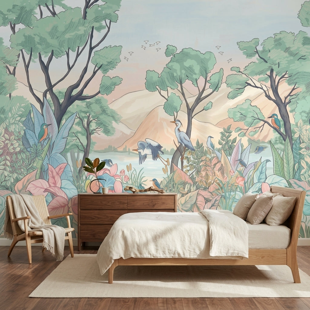 Pastel Landscape Wallpaper Lakeside Forest Birds Removable Wall Decor